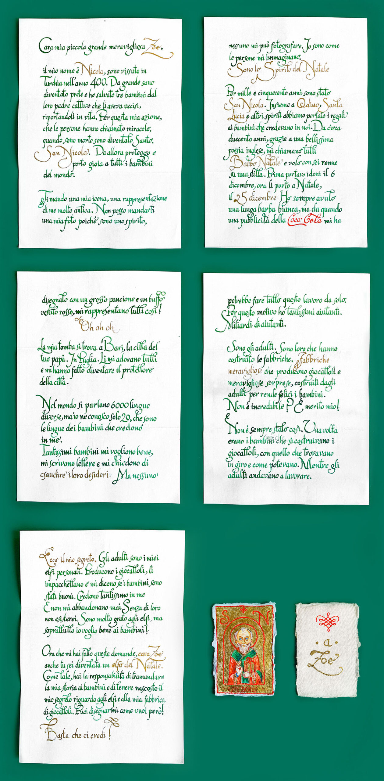 La lettera sul segreto di Babbo Natale, calligrafata a mano verde e oro